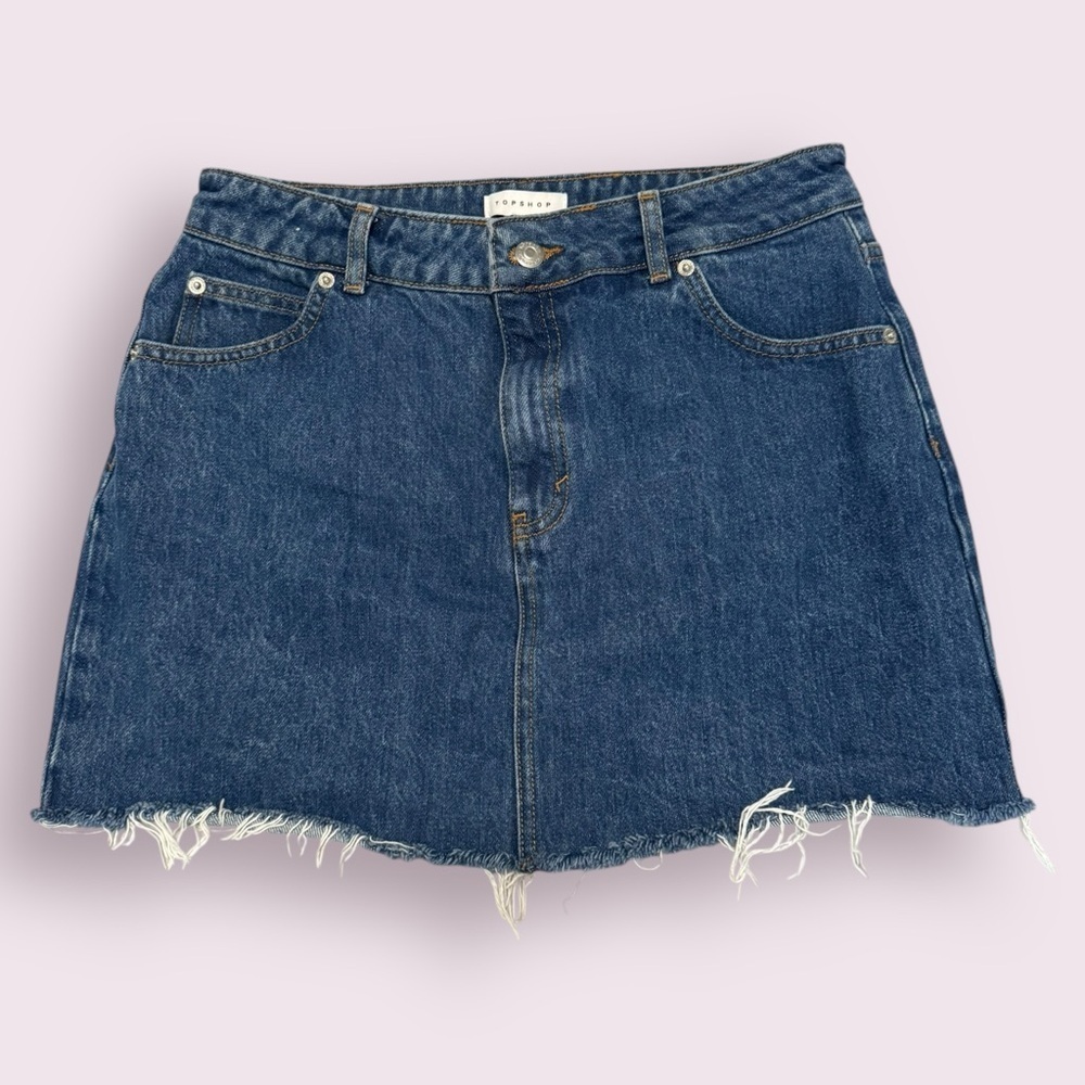 Topshop Moto Denim Mini Skirt Blue Frayed Hem Size 8